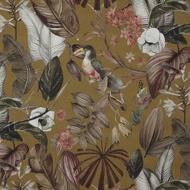 Kt KILOtela - Digital Print Organic Cotton Half Panama Linen Fabric, Standard 100 by Oeko-Tex, 100 cm Length x 280 cm Width, Tropical Delice - Ore, Garnet Red, Pink - 1 Metre