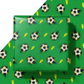 WAPLIGHAL Soccer Wrapping Paper - Green Background with Dynamic Soccer Ball and Lightning Bolt Design - 28 x 40 Inches - Perfect for Birthdays, Holidays, and Sports Events