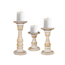 Woodify Wooden Candle Holder Set of 3 (10", 8", 6") - Handcrafted Pillar Candle Stand - Rustic Mango Wood Decorative Candle Holders for Home, Mantel, and Table Décor - Distress White