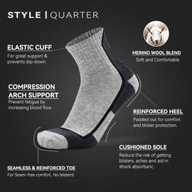 Socks Daze Men's Quarter Merino Wool Hiking Cycling Socks Women's Sport Gym Fitness Wool Blend Ankle Socks for Running, Jogging, Tennis, Workout, Large, 4 Pairs Light Grey