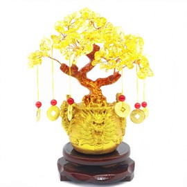 Colorsheng Feng Shui Citrine Quartz Crystal Money Tree Bonsai Style Decoration for Luck and Wealth (Dragon pots)