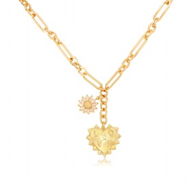 Sun Heart Charm Choker Gold Necklace for Women Men,18k Gold Plated With Zircons Inlaid Pendants,Thick Chunky Paperclip Chain Hip Hop Necklace Unisex Jewelry,Cuban Link Chain (Flower)