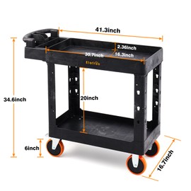 ELAFROS Heavy Duty Plastic Utility Cart 41.3 x 17 Inch - Ergonomic Handle Work Cart Storage W/Deep Shelves and 2 Fixed 2 Swivel Wheels Safely Holds up to 550 lbs - 2 Tier Service Cart with 6" Wheels