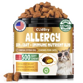 Cat Allergy Relief for Cats, Crunchy & Creamy Chews for Immune & Skin Coat Support – Seasonal Allergies, Itching Relief, Omega 3 & Probiotic Natural Supplement for Cats, Chicken Flavor – 500 Chews