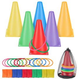 TECHVIDA Juego de 31 Juegos de Lanzamiento de Anillos, Juego de Juegos de Carnaval 3 en 1 con Bolsas de Frijoles, Aros de Plástico, Marcadores de Cono y Bolsa de Malla de Transporte para Exteriores