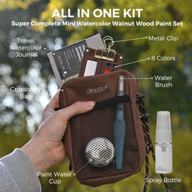 Funto Mini Watercolor Paint Set, Walnut Wood 8-Color Travel Paint Kit, with Crossbody Bag, Watercolor Journal, Paint Water Cup, Ideal for Art Lovers