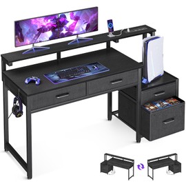 AODK Computer Desk with 4 Drawers, 48 Inch Gaming Desk with Power Outlet, Office Desk with Monitor Shelf, Work Desk Table for Home Office, Black