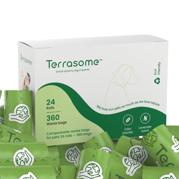 Terrasome Compostable Doggie Poop Bags (360 Count) | Dog Poop Bags Rolls, Leak Proof And Extra Thick Poop Bags, Lavender Scented | 100% Compostable Certified, Cornstarch Based, Premium Pet Waste Bags.