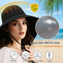Lubardy Sombreros para Sol Mujer,Protección UV UPF 50+,Playa Sombrero para el Sol Plegable,ala Ancha,Transpirables,con Agujero para Cola de Caballo y protección Cuello al Aire Libre Negro