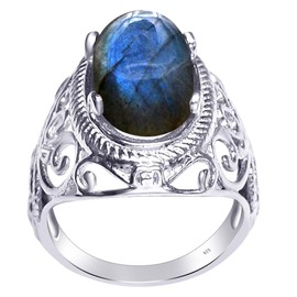 Orchid Jewelry 925 Sterling Silver Cocktail Rings for Women - Delightful Blue Labradoride Birthstone Gemstone - 6.90 Carats Oval