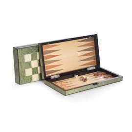 Designer Deluxe Backgammon Set, Chess and Checkers Game - Luxurious and Modern Custom Crafted Inlaid Lacquer Finished Wood Board Game Set with Acrylic Playing Pieces & Leather Dice Cups (Green)