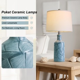 PoKat 26'' Farmhouse Ceramic Table Lamps Set of 2, Blue Bedside Lamps for Living Room, Nightstand Lamps for Bedroom Night Stands, Bedroom Lamps for Side Table End Table Hallway, Blue