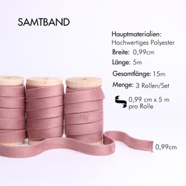 BYZANDQI Velvet Ribbon 15 m x 1 cm Velvet Decorative Ribbon Set with Wooden Spool Ribbon Jewellery Ribbon Gift Ribbon Christmas 3 Roll (Rose Gold)