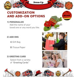 DolliBu Big Eyes Sea Turtle Firefighter Stuffed Animal with Name Personalization - Super Soft Turtle with Red Fireman Costume Outfit and Fireman Hat, Fire Fighter Doll Plush Toy for Kids - 11 Inch