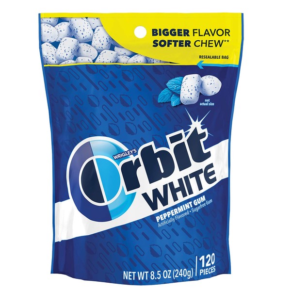 ORBIT Gum WHITE Peppermint Sugar Free Chewing Gum, 8.5 Ounces Resealable Bag 120 Pieces (8 Pack)