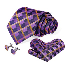 Kerfado 5PCS Tie and Pocket Square for Men, Silk Necktie and Handkerchief Cufflinks with Gold Ring and Lapel Pin Set (Gold and Purple Tie Set -139)