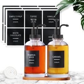 Coffee Syrup Dispenser for Coffee Bar, Set of 2 Simple Glass Syrup Bottle w. Tray and Labels, 16.9 oz 500ml Syrup Pump Dispenser, Coffee Bar Accessory Syrup Dispenser w. Pump Black