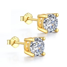 18K Gold Plated Sterling Silver Cubic Zirconia Stud Earrings 3mm-8mm Options, Simulated Diamond CZ Studs Hypoallergenic Jewellery (5mm)