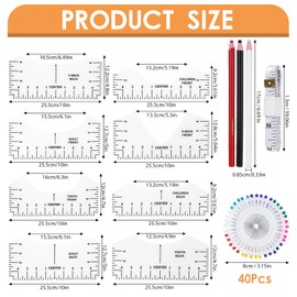 Pack of 13 T-Shirt Alignment Ruler, T-Shirt Centering Tool PVC with 1.5 m Tape Measure, 40 Needles, 3 Coloured Pencils, Transparent Stencil Ruler, Ironing Ruler for Adults, Youth and Children