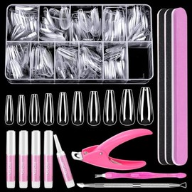 MORGLES - Puntas de uñas postizas transparentes, el juego de puntas de uñas de cobertura completa incluye 500 uñas transparentes a presión con limas d