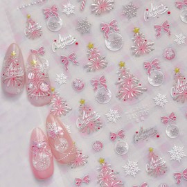 1 Sheets Pink Fireworks Christmas Tree Nail Art Stickers 5D Embossed Christmas Bow Nail Stickers Pink Glitter Snowball Tree Nail Decals Acrylic Nail Supplies for Women Girls DIY Nail Decoration