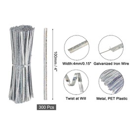 uxcell 4" Twist Ties, Metallic Twist Ties, Reusable Plastic Coated Twist Ties for Bakery, Candy Bags, Coffee Bags, Goodie Bags, Pack of 300, Shiny Silver