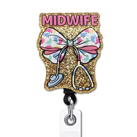YAZMEEN Funny Nurse Badge Reel Gifts - Midwife Bow Stethoscope - Retractable Badge Holder with Alligator Clip - Light Gold Glitter Acrylic ID Card Holder - Gifts for OB L&D Nurse Pediatric Midwife