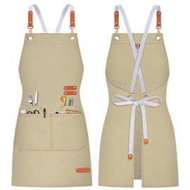 Teskyer Kitchen Cooking Apron with 4 Pockets, Water Oil Resistant, Canvas Cross Back Aprons for Men Women Chef Server - Khaki