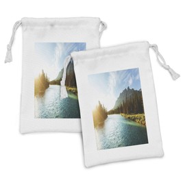 Lunarable River Fabric Pouch Set of 2, Banff National Park River Stream with Castle Mountain Canada Sunrise, Small Drawstring Bag for Toiletries Masks and Favors, 9" x 6", Blue Dark Green Yellow