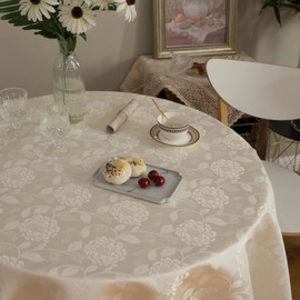 GLORY SEASON Round Tablecloth Waterproof Spillproof Lace Trim Damask Fabric Table Cloth for Wedding Kitchen Dinning Tabletop Decoration,Table Cover for Outdoor and Indoor, 70 Inch Round, Ivory White