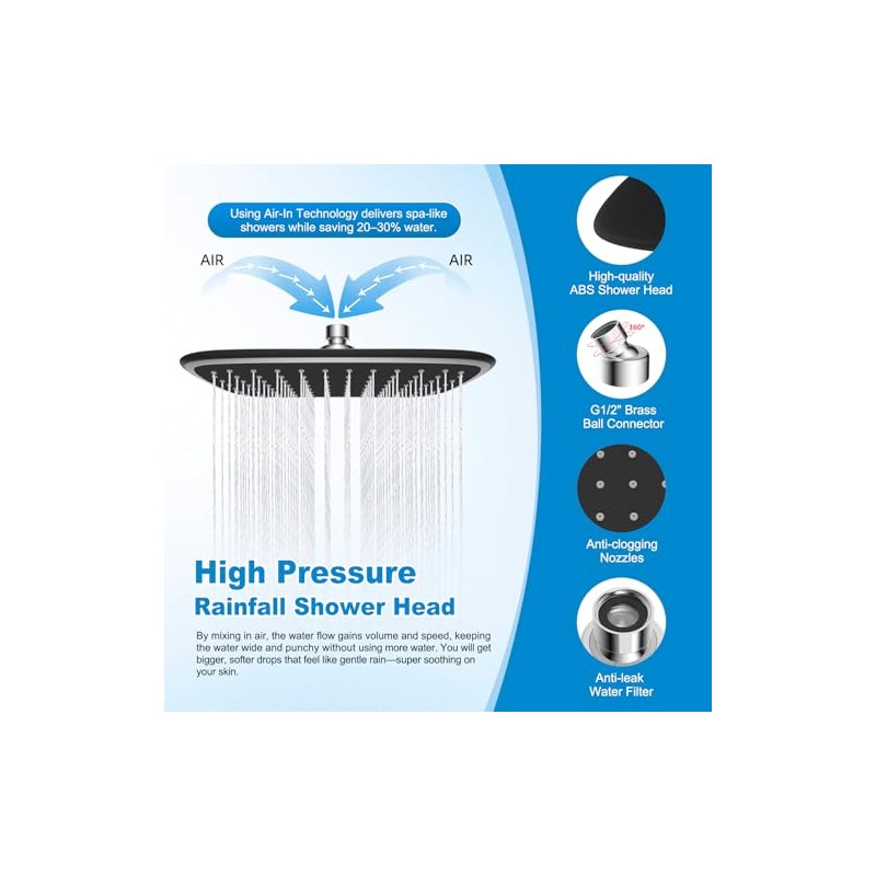 10" Rain Shower Head with Handheld, High Pressure Boosting Rainfall