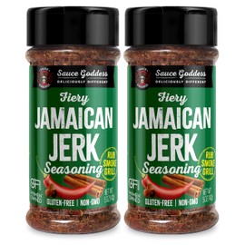 Sauce Goddess Fiery Jamaican Jerk Spice Shaker (2-Pack) - Seasonings and Spices for Cooking with Caribbean Flavors! For Chicken, Pork, Seafood & More - Low Sugar, Low Sodium, Fat-Free, Vegan Friendly