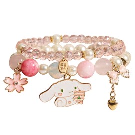 Kawaii Bracelets Crystal Beads Bracelet Set, Lovely Cartoon Crystal Beads Elastic Bracelet for Girls Women (Pink)