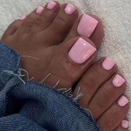 Pink False Toenails 24 Pcs Baby Pink Press on Toes Nails Short Square, Solid Color Natural Fake Toenails for Women, Glossy Full Cover Stick On Toenails with Glue for Decoration