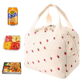 KBIBCK Lunch Bags for Women, Cute Corduroy Lunch Tote Bags, Strawberry Kids Lunch-Bags Cooler Tote, Reusable Insulated Lunchbox, Lunchs Bag Portable Tote Bag for Work, School, Picnic, Camping (Beige)