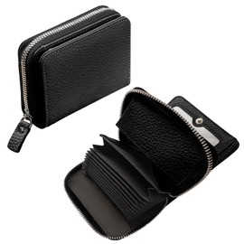 BORPORT Women's Bi-Fold Wallet, Compact Wallet, Round Zipper, Bi-fold Wallet, Cowhide Leather, Skimming Prevention (Black)