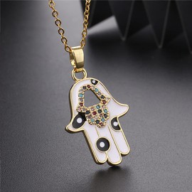 Sonateomber Gold Hamsa Hand Pendant Necklaces for Women Girls - Fancy Cute Dainty Colorful Stone Rhinestone Cubic Zirconia Black White Enamel Paint Palm Amulet Chain Jewelry Valentines Gift