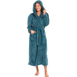 Alexander Del Rossa Womens Fluffy Robe, Fuzzy Robe for Women, Long Hooded Robes for Women, Plus Size Robe Heathered Teal Large (A0304CTLLG)
