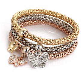 3Pcs/Set Multilayer Stretch Bracelet Butterfly Heart Key Lock Crown Charms Bangles Bracelet Crystal Charms Bracelet Gold/Silver/Rose Gold Corn Chain Multilayer Bracelets for Women