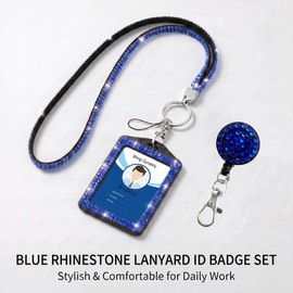 Fashion 3 in 1 Crystal Neck Lanyard, Bling ID Badge Holder,Retractable Rhinestone Work Name Card Holder for Teacher Nurse Doctor Women (Royal Blue)