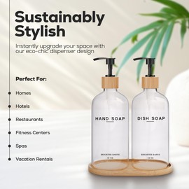 Clear Glass Hand and Dish Soap Dispenser Set by Brighter Barns - Kitchen Soap Dispenser Set with Bamboo Tray - Modern Soap Dispenser for Kitchen Sink - Modern Kitchen Decor, Minimalist Decor (Clear)