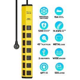 CRST 6-Outlet Heavy Duty Power Strip with USB and Individual Switches, 1200 Joules Metal Mountable Surge Protector Power Strip 15A Circuit Breaker, 6FT Extension Cord for Garage, Workshop, Home