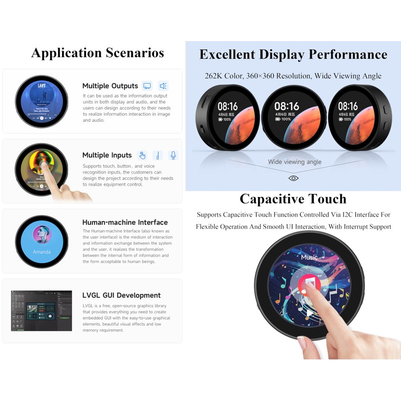 ESP32-S3 1.85inch Round Touch LCD Development Board, 360x360, Supports Wi-Fi
