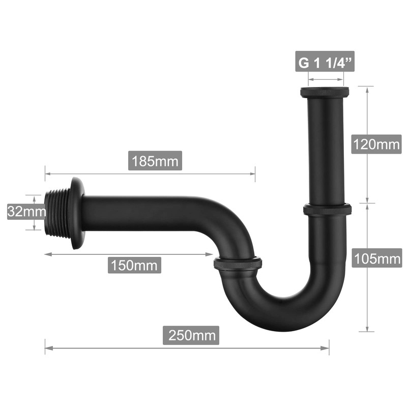 Siphon Black Matt for Washbasins and Washbasins, Keymark Brass Pipe