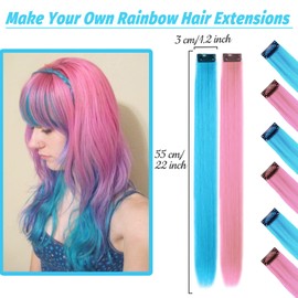 Clip-In Hair Extensions, Pink Sky Blue Coloured Hair Strands, Party Highlights, Straight Long Hairpieces, Rainbow Hair Accessories for Women, Girls and Children, 55 cm, Pack of 16