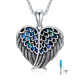 SOULMEET Heart Wings Picture Locket for Ashes, Silver Abalone Shell Wings Cremation Urn Necklace for Ashes That Holds Pictures for Beloved Ones Women Men (locket only)