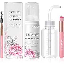 BREYLEE Shampoo for Lash Extensions, 60ml+Rinse Bottle+Brushes, Eyelash Extension Cleanser, Lash Wash Bath, Lash Cleaner for Makeup Cleansing Foams, Paraben & Sulfate Free for Salon and Home Use
