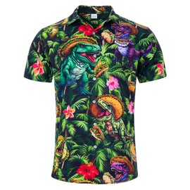 ALISISTER Mens Hawaiian Button Down Short Sleeve Funny Colorful Dinosaur Pancake Jungle Beach Party Tropical Holiday Casual Shirts
