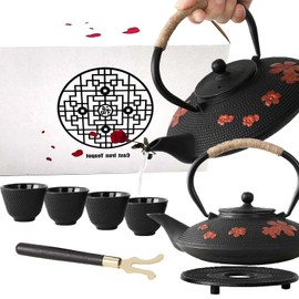 Cast Iron Teapot Set with Gift Pakckage, Pear Flower Tea Pot, Japanese Style Tetsubin Tea Gift Set, 4 Cups, Trivet and Lid Holder