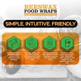 PURE & SUSTAINABLE COMPANY Beeswax Wraps - Food Storage -Pack of 3– Sustainable – Reusable - Certified Organic Cotton Size S,M,L